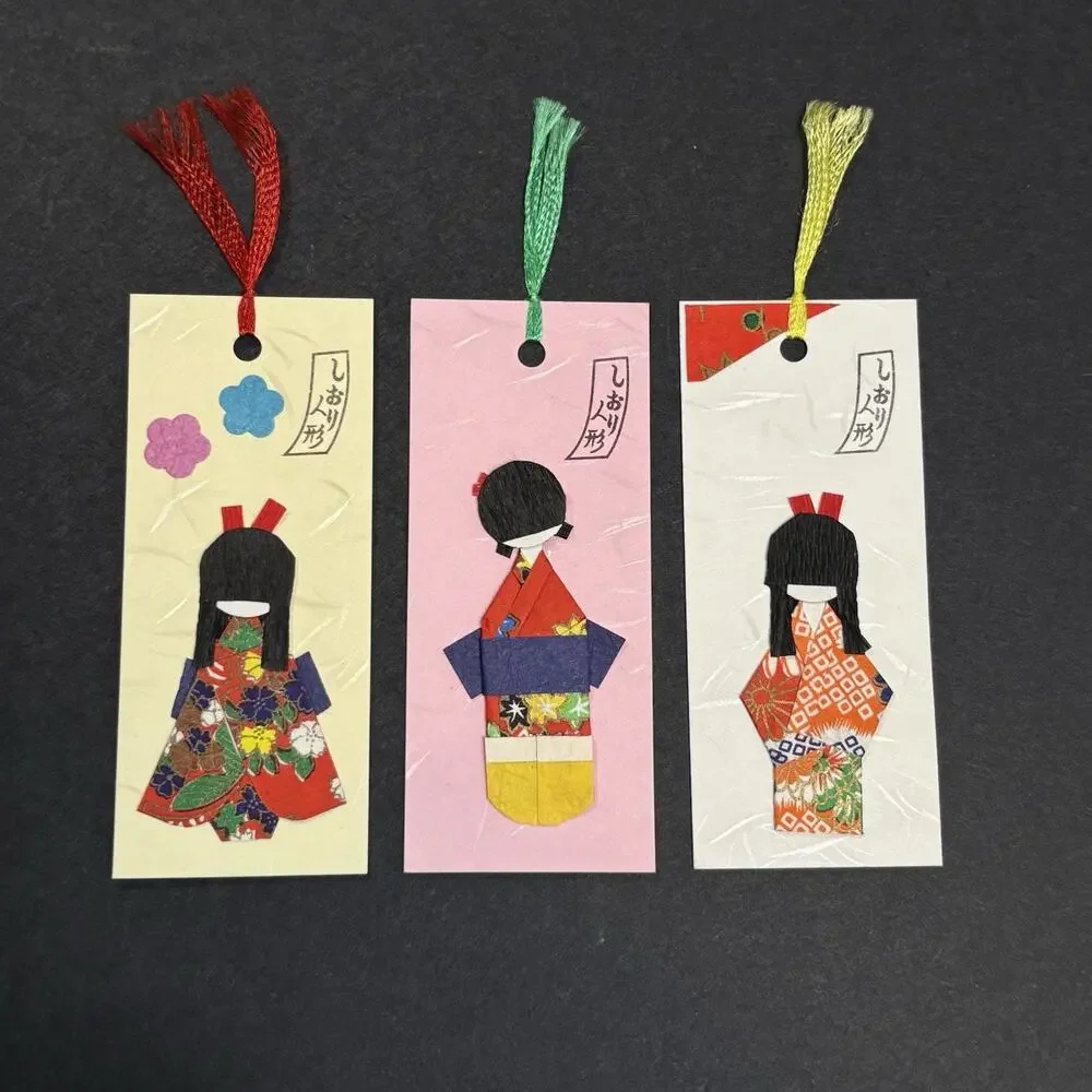 Handmade Japanese Bookmarks Set Of 3 Kimono Origami Paper Shiori Dolls in Pocket